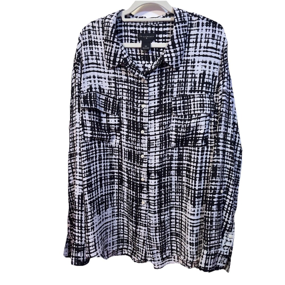 Investments II‎ Womens Plus Size 2X Geometric Print Button Up Shirt Long Sleeve